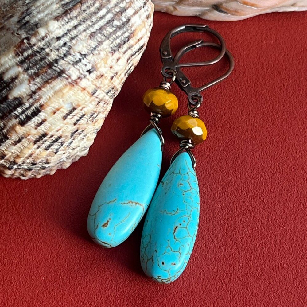 Turquoise Magnesite Teardrop Earrings, Mustard Picasso Czech Rondelle Accents